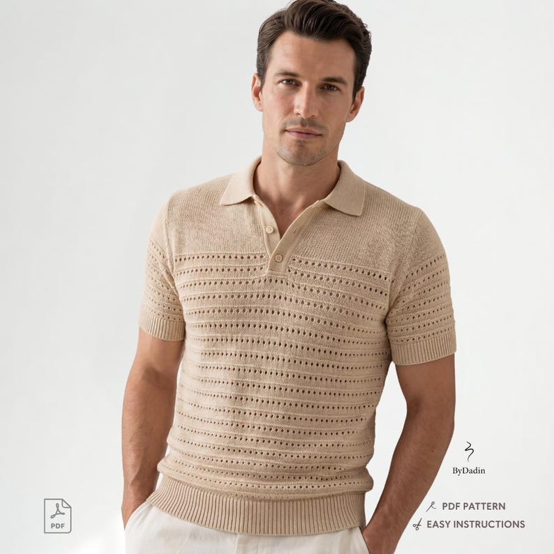 May include: A beige short-sleeved polo shirt featuring a textured knit pattern with horizontal rows of small eyelet details, a classic collar, and a two-button placket. The image includes the text ByDadin and PDF PATTERN OF EASY INSTRUCTIONS.
