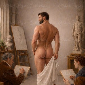 Könnte beinhalten: Eine künstlerische Darstellung einer nackten Figur in einem Atelier. Mehrere Personen zeichnen die Figur, mit Staffeleien und Zeichenblöcken. Die Szene ist in weiches Licht getaucht, was eine klassische Atmosphäre schafft.