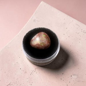 May include: A polished, rounded gemstone with a swirling pattern of reddish-brown and cream tones, featuring small, iridescent green and yellow flashes. The stone is displayed inside a small, circular, clear plastic container with a black velvet insert.