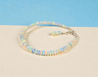 Natural Ethiopian White Welo Opal Bracelet | 925 Sterling Silver,  Rondelle Beads, 7 Inch