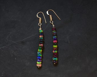 Natural Smoked Black Ethiopian Welo Opal Earrings | 925 Sterling Silver Plated, Rondelle Beads, 2.5 Inch