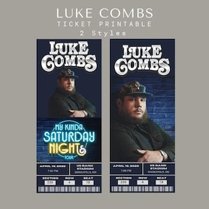 Könnte beinhalten: Zwei druckbare Luke Combs Konzertkarten. Jede Karte zeigt ein Porträt von Luke Combs, den Text "Luke Combs" in Silber und Details der "My Kinda Saturday Night" Tour, einschließlich Datum, Uhrzeit und Veranstaltungsort.