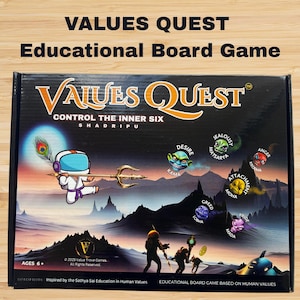 May include: A Values Quest educational board game box. The box features the game's title and a graphic of a character with a trident. The game is based on human values and is for ages 6+.