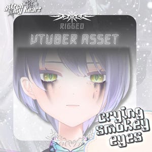Puede incluir: Una ilustración digital de un rostro de personaje con cabello corto morado, ojos amarillos de estilo reptiliano y rayas negras que bajan desde los ojos. La imagen incluye el texto "glitch my heart", "RIGGED", "VTUBER ASSET" y "crying smokey eyes".