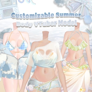 May include: An image showcasing three customizable summer body VTuber models. The models are illustrated in swimwear, including a blue plaid bikini, a white off-the-shoulder top with denim shorts, and a green ruffled bikini with a sarong. The background is a beach scene.