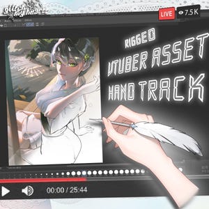 May include: A digital illustration of a character in a white garment displayed on a screen with the text RIGGED VTUBER ASSET HAND TRACK. A hand holding a white quill pen is visible in the foreground, set against a dark interface with a live stream overlay.