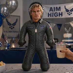Op de afbeelding: Een pluche pop in de vorm van een piloot in een donkergrijs vliegpak met een U.S. Air Force-embleem, een kleine Amerikaanse vlag op de mouw en een zilveren naamplaatje als ketting, voorzien van een realistisch menselijk hoofd met blond haar.