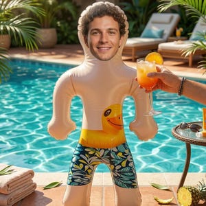 May include: Inflatable doll with a smiling face, wearing patterned swim trunks and a yellow duck design. The doll is standing by a pool, with a drink being offered. A sunny day scene with a tropical vibe.