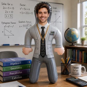 Muñeco inflable personalizado para profesor de matemáticas con cara personalizada, regalo divertido para profesores de matemáticas y decoración para fiestas en el aula.