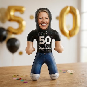 Custom 50th Birthday Blow Up Doll, 50 and Fabulous Personalized Face Inflatable, Funny Birthday Decor