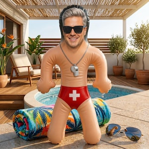 Opblaasbare strandwachtpop met gepersonaliseerd gezicht, decoratie voor vrijgezellenfeest op het strand, grappig cadeau, leuk voor een zwembadfeestje