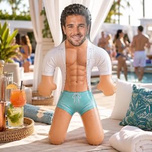 May include: An inflatable novelty doll featuring a printed photograph of a smiling person with dark hair. The doll has a muscular torso, a white short-sleeved button-down shirt, and light blue swim trunks with a drawstring waist detail.