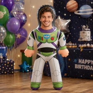 May include: An inflatable Buzz Lightyear costume body featuring a custom printed face of a smiling person. The suit is white, green, and purple with a chest emblem, red button, and blue accents, designed to be worn as a full-body character outfit.