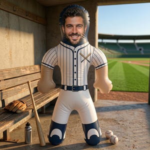Könnte beinhalten: Eine aufblasbare Figur in einer weißen Baseballuniform mit marineblauen Nadelstreifen, einem Gürtel und dunkelblauen Akzenten an den Beinen. Die Figur zeigt ein aufgedrucktes Foto eines lächelnden Gesichts und eine Grafik gekreuzter Schläger.