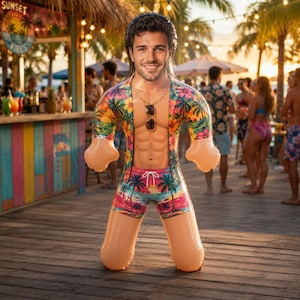 Puede incluir: Un flotador inflable con forma de persona y rostro impreso, que viste una camisa floral y un bañador con estampado de palmeras. La figura incluye un collar de cadena dorada, gafas de sol y un diseño de músculos abdominales en el torso.