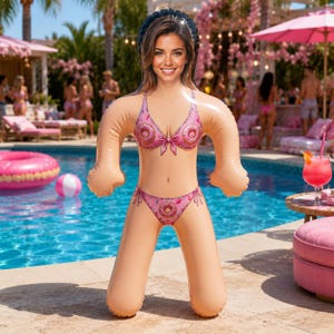 Könnte beinhalten: Ein aufblasbares Schwimmtier in Form einer Person mit dem aufgedruckten Bild eines lächelnden Gesichts und eines rosafarbenen Bikinis mit Donut-Muster. Die Figur hat einen hellen Hautton, zwei seitlich ausgestreckte Arme und zwei Beine.