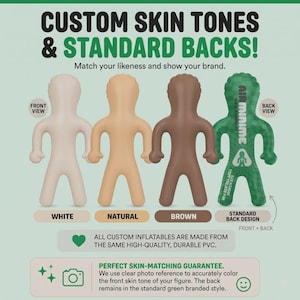 May include: Four inflatable figures displayed in a row. Three figures show front views in white, natural, and brown skin tones. The fourth figure shows a green back view with the text AIR MINIME and a checkered pattern. Text includes CUSTOM SKIN TONES & STANDARD BACKS.