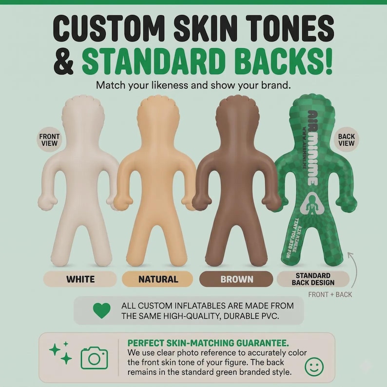 May include: Four inflatable figures displayed in a row. Three figures show front views in white, natural, and brown skin tones. The fourth figure shows a green back view with the text AIR MINIME and a checkered pattern. Text includes CUSTOM SKIN TONES & STANDARD BACKS.