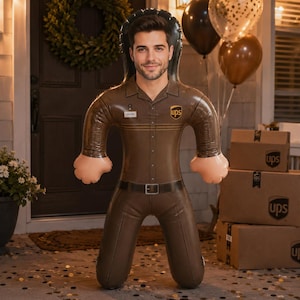 May include: An inflatable figure of a delivery driver wearing a brown uniform with a UPS logo on the chest and a name tag that reads DRIVER. The figure features a printed face with a beard and is positioned upright with arms extended to the sides.
