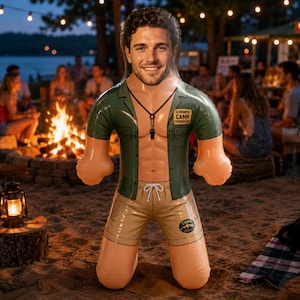 May include: An inflatable novelty figure featuring a person's face, wearing a green short-sleeved shirt with a black whistle necklace and tan shorts. The shirt has a patch that reads "SUMMER CAMP COUNSELOR" and the shorts feature a "CAMP" logo.