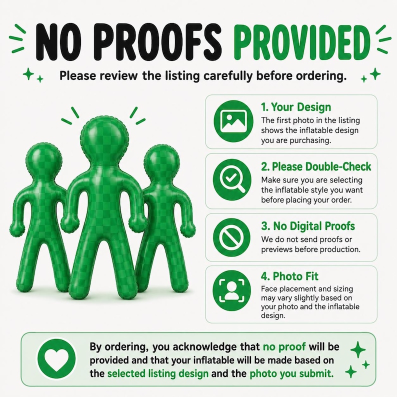 May include: An informational graphic with the text NO PROOFS PROVIDED. It features three green inflatable figures and a numbered list explaining that no digital previews are sent before production and that face placement may vary on the final item.