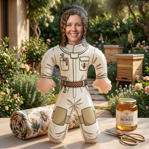 Könnte beinhalten: Ein aufblasbarer Imkeranzug-Aufsteller mit Gesichtsausschnitt, bedruckt mit einem Bienen-Symbol, Werkzeugtaschen und einem Gürtel. Daneben liegen ein gerollter Stoff mit Bienenmuster, ein Glas mit der Aufschrift Estate Gold Honey und eine goldfarbene Schere.