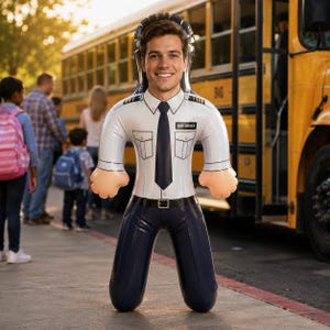 Bambola gonfiabile personalizzata raffigurante un autista di scuolabus con viso personalizzato, regalo per ringraziare gli autisti di scuolabus e decorazione per il ritorno a scuola.