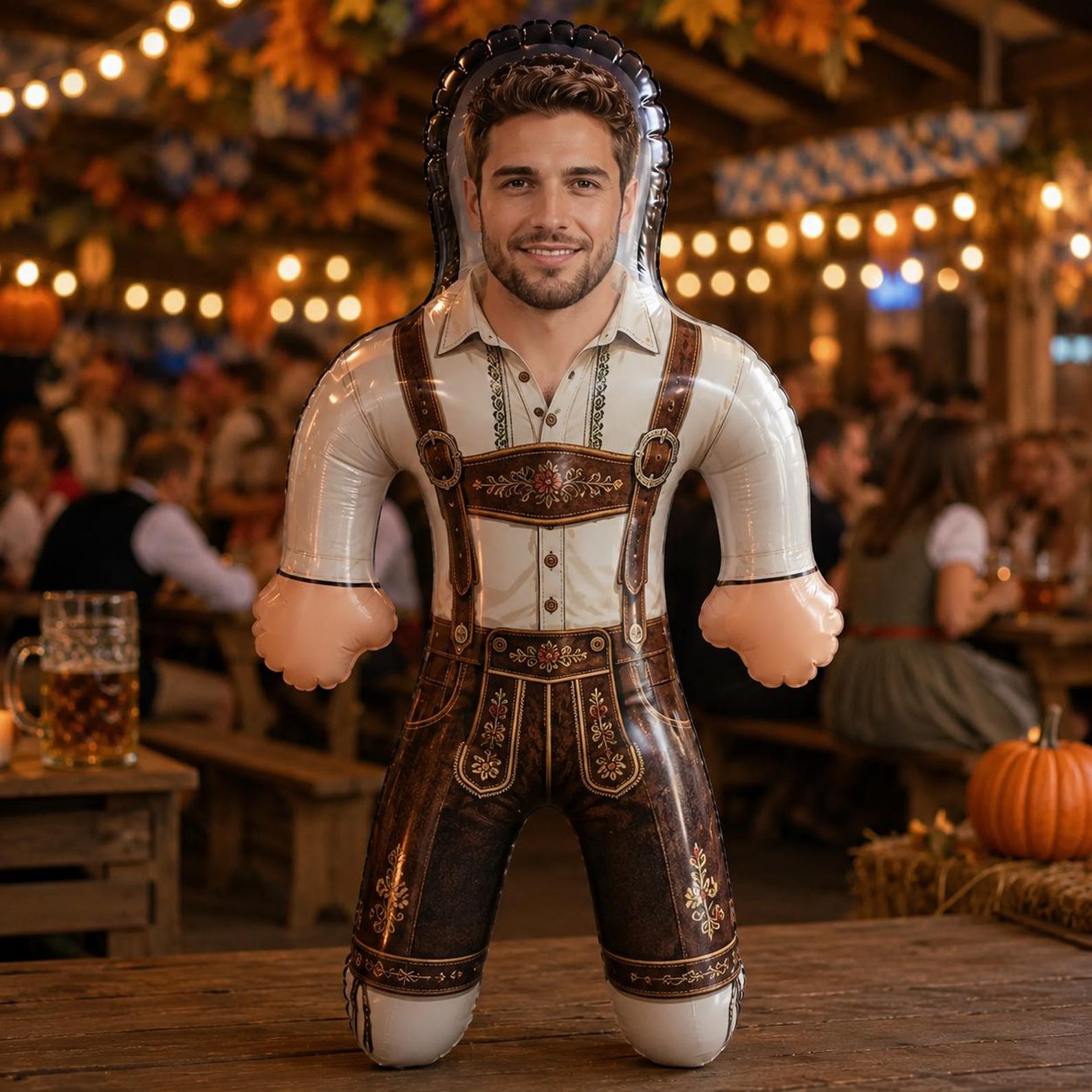 Personalized Oktoberfest Inflatable Doll with Custom Face, Lederhosen Party Decoration, German Beer Festival Photo Prop