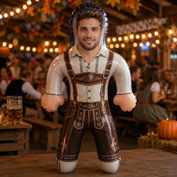 Personalized Oktoberfest Inflatable Doll with Custom Face, Lederhosen Party Decoration, German Beer Festival Photo Prop