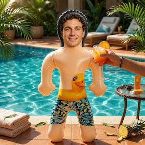 Custom Face Inflatable Man with Rubber Duck Floatie, Personalized Blow Up Groom Prop, Bachelorette Pool Party Decor, Funny Gag Gift