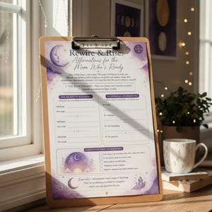 May include: A printed worksheet titled Rewire & Rise: Affirmations for the Mom Who's Ready, secured on a wooden clipboard. The document features purple watercolor accents, moon illustrations, and sections for personal affirmations and belief releases.
