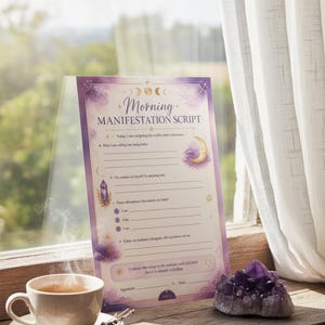 a "Morn" Manifestation Script card placed on a windowsill, with a cup of coffee and a crystal on the sill.