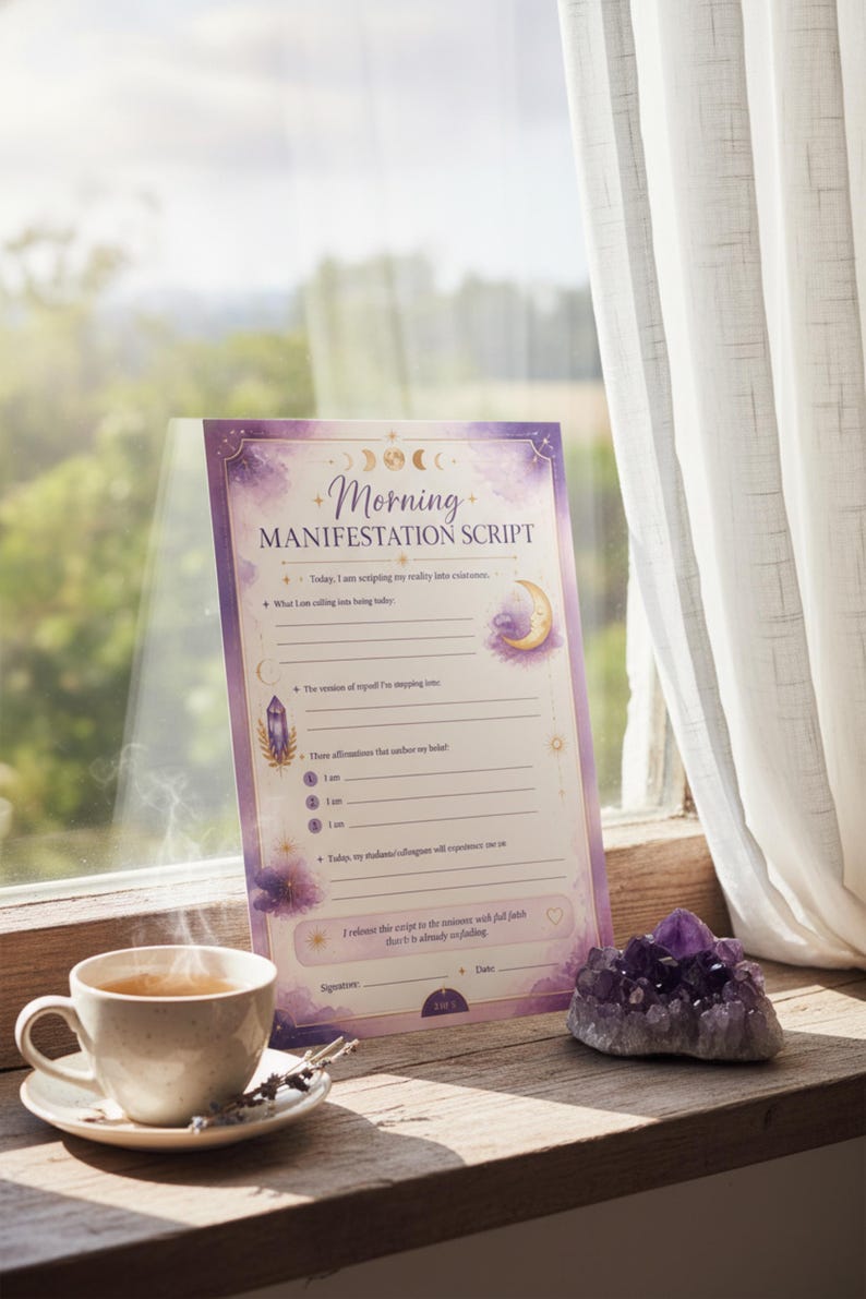 a "Morn" Manifestation Script card placed on a windowsill, with a cup of coffee and a crystal on the sill.