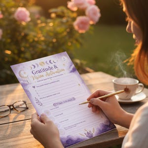 A woman is sitting at a table outdoors, writing on a gratitude and vision worksheet. She is holding a pen and appears to be filling out the worksheet.