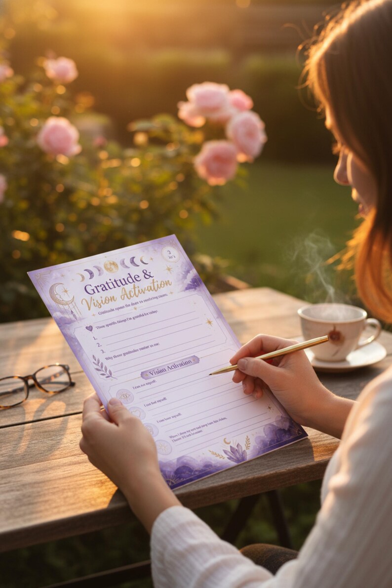 A woman is sitting at a table outdoors, writing on a gratitude and vision worksheet. She is holding a pen and appears to be filling out the worksheet.