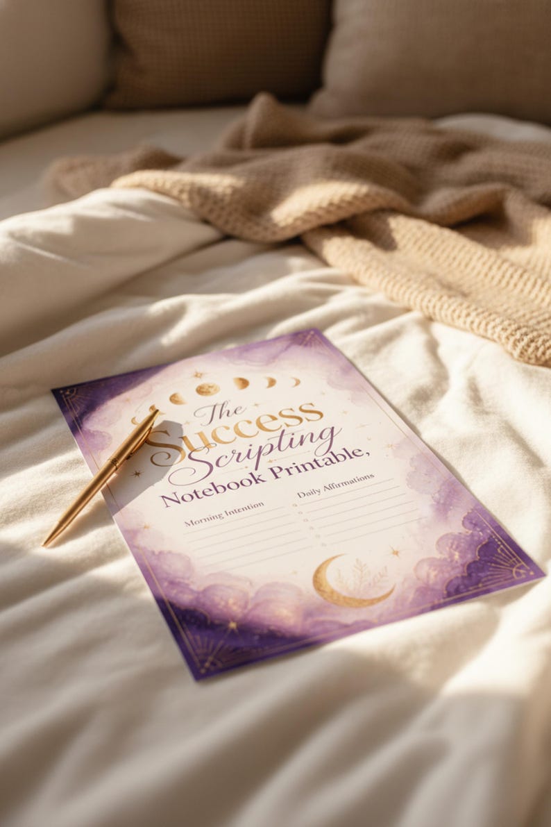 a notebook with a pen resting on top of it, placed on a bed with a blanket.