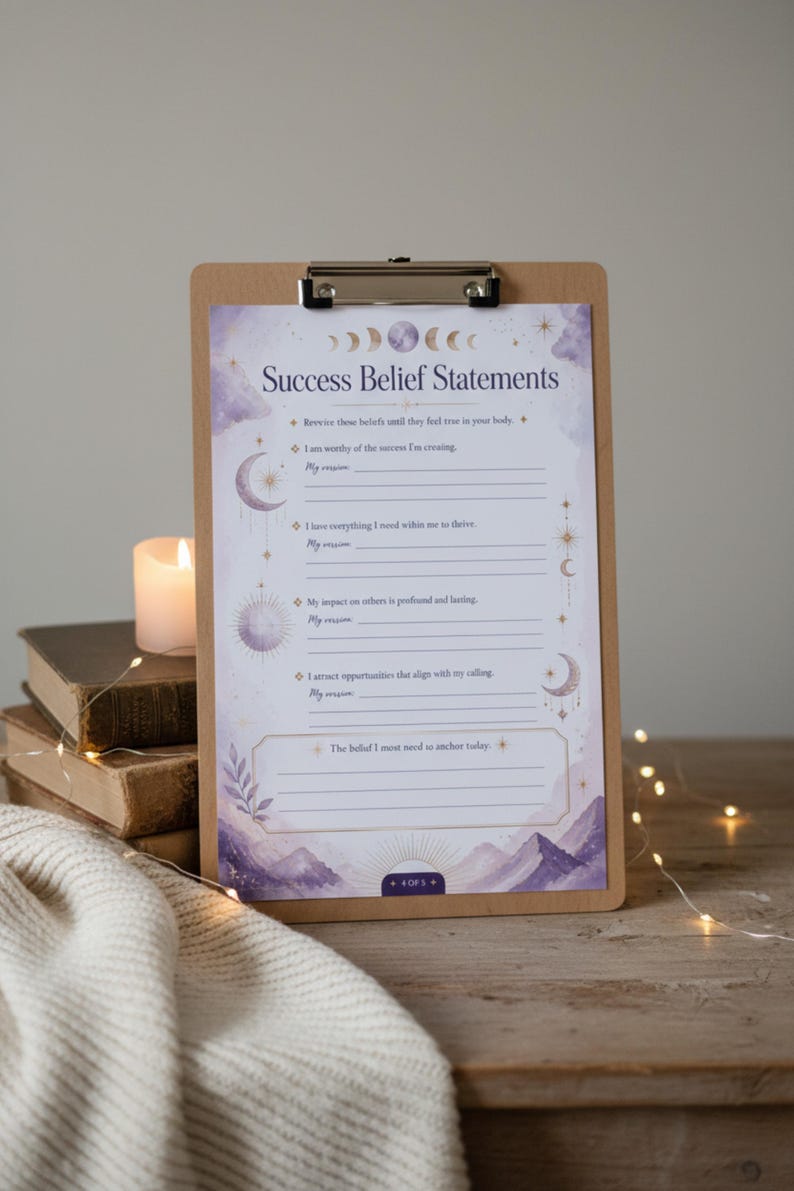 a clipboard with a purple and white design, placed on a wooden surface next to a stack of books and a lit candle.