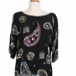 80s Black Silk Sequin Beaded Top Black Top Sequin Top