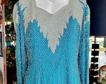 80s Turquoise and Silver Heavily Beaded Dress