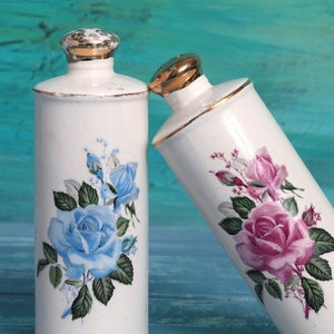 Vintage 1950s Blue and Pink Floral Salt and Pepper Shakers, Floral Porcelain Salt and Pepper Shakers