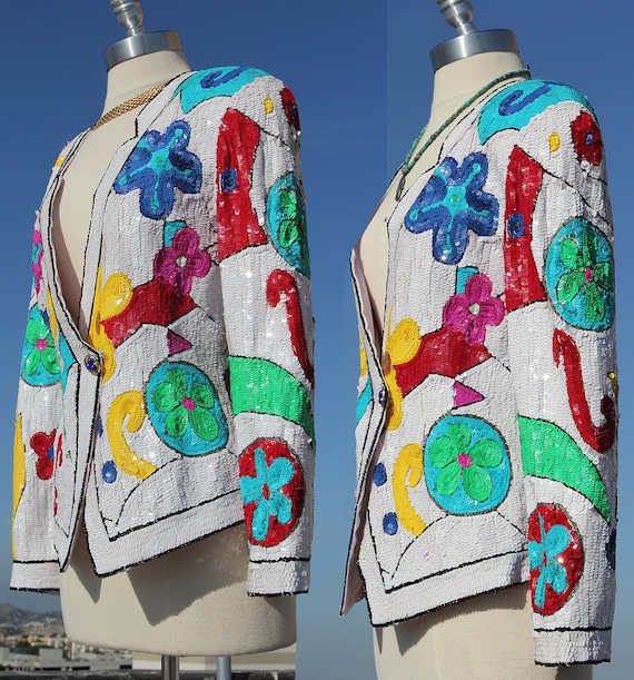 Vtg 80s White Floral Sequin Jacket Blazer