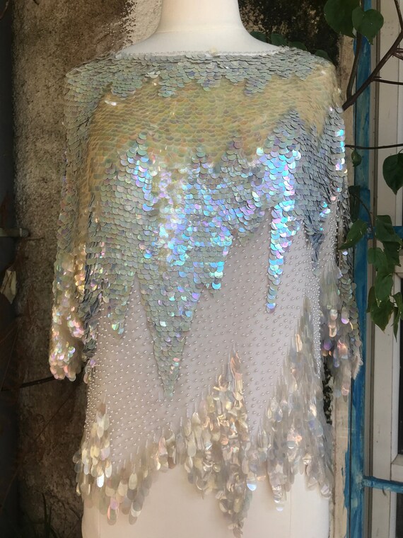 White Sequin Beaded Top/Sequin Trophy Top/Mermaid