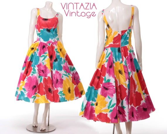 Vintage 80s Bold Floral Full Swing Dress Party