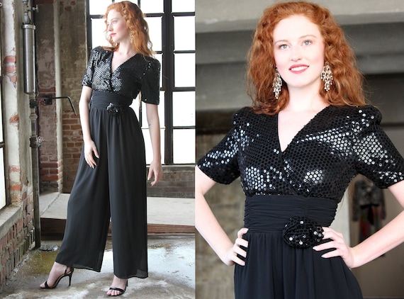 Vintage Black Sequin Onesie Jumpsuit Pants - image 1