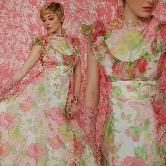 VTG 50s Pink Sheer Floral Dress Ruffle Empire Wais