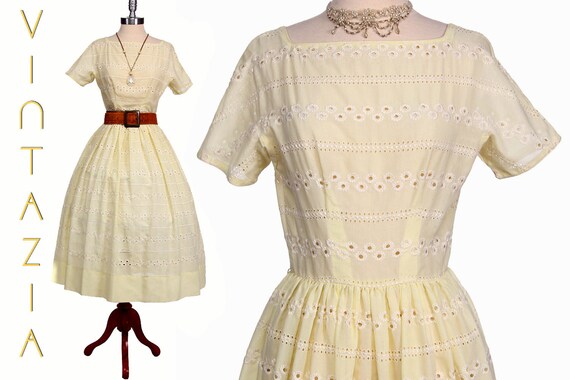VIntage 1950s Yellow Eyelet Full Swing Dress