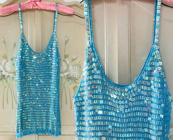 80s Turquoise Sequin Beaded Fringe Crochet Top/Squ