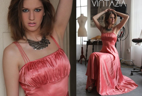 70s Peach Satin EmpireWaist Dress Empire Maxi - image 1