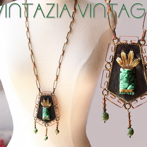 Vtg 30s Copper Brass Aztec Necklace Indian Pendant Jade Long Chain Beaded Signed Mexican