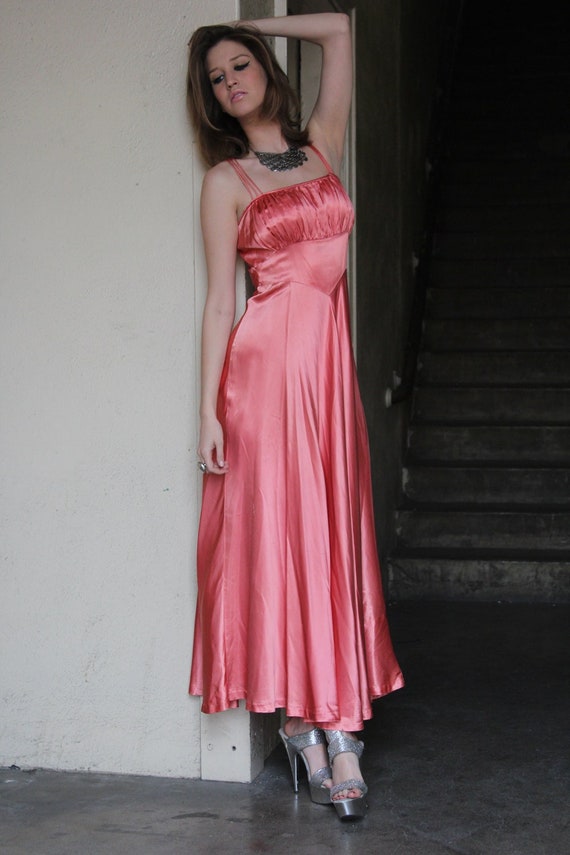 70s Peach Satin EmpireWaist Dress Empire Maxi - image 3